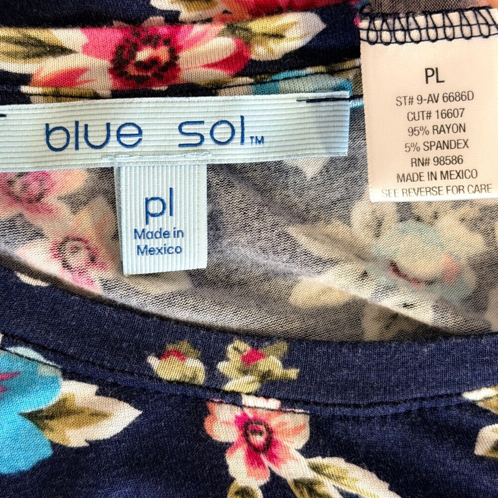Blue Sol Tee Shirt Women's PL Navy Pink Blue Floral Cap Sleeve Crew Neck - Picture 5 of 8
